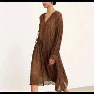 Vince Starry Dot Women’s Brown Long Sleeve Shirred Midi Size XXL $495